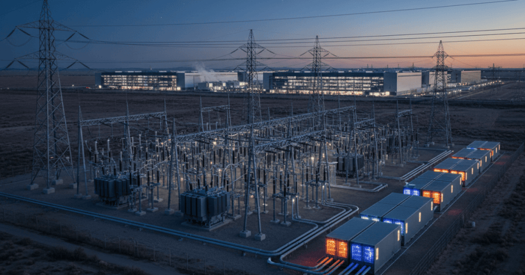 High-voltage U.S. grid infrastructure serving an AI data center and cryptocurrency mining facility as electricity demand rises.