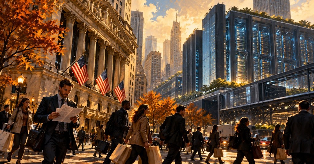 Original oil-style editorial illustration of commuters and shoppers walking between a neoclassical financial building and a glass-front data center in warm autumn light