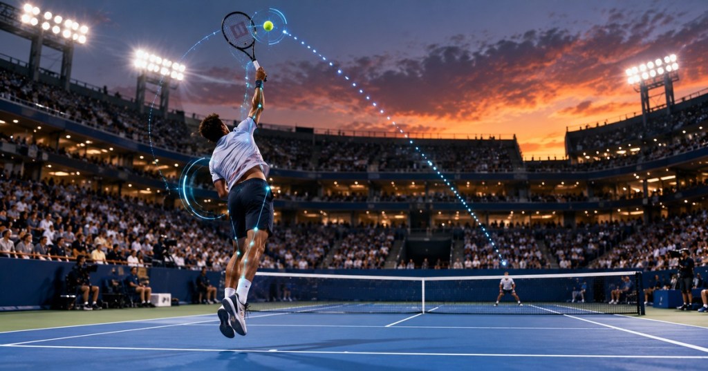 Editorial illustration of a tennis player serving at a stadium while blue digital tracking lines highlight the ball and body movement
