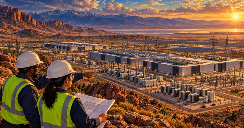 Original professional editorial illustration of two diverse engineers overlooking a proposed Utah desert data center and power campus at sunset; conceptual art, not a photograph of an actual project