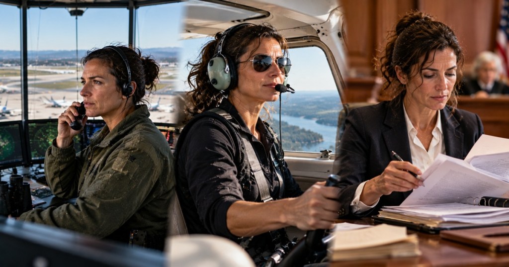 Editorial illustration representing Vanessa Aaron's path from air traffic control to piloting and aviation law.