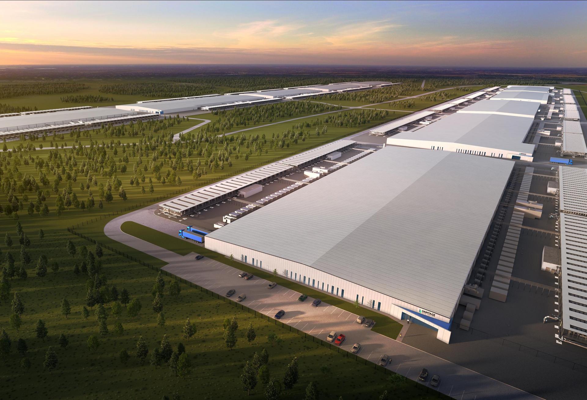 Architectural rendering of long data center buildings and landscaped grounds at Vantage Frontier in Shackelford County, Texas