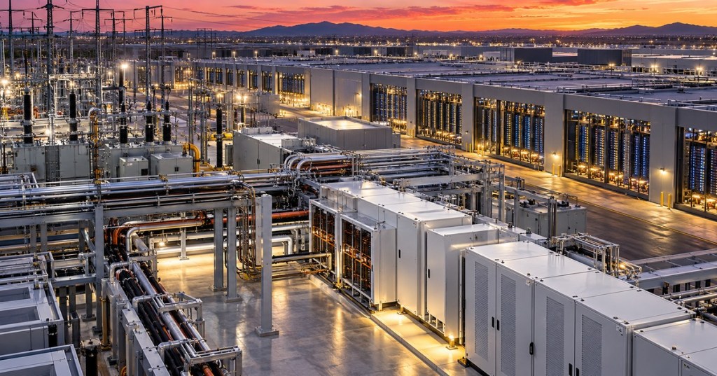 Editorial illustration of a sprawling AI data center campus with power conversion cabinets, electrical substations, cables and server halls at dusk