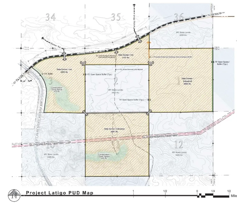 Laramie County official Project Latigo planning map showing proposed data center parcels, conservation buffers and Terry Ranch Road