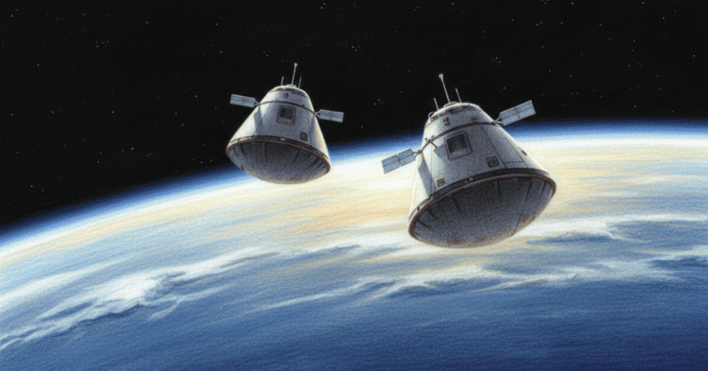 Two autonomous reentry spacecraft operating together in low Earth orbit above Earth, representing Varda’s W-8 and W-9 fleet mission.