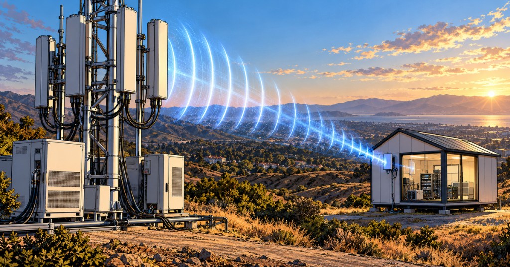 Wordless comic-style illustration of a cellular test site transmitting a 6G signal toward a small mobile test building in California.