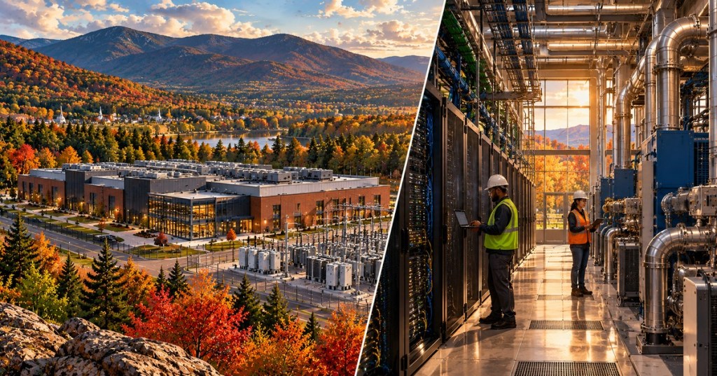 Original conceptual split-screen editorial illustration showing a fictional Vermont data center among fall foliage and technicians inspecting server equipment, not a photograph of an existing facility