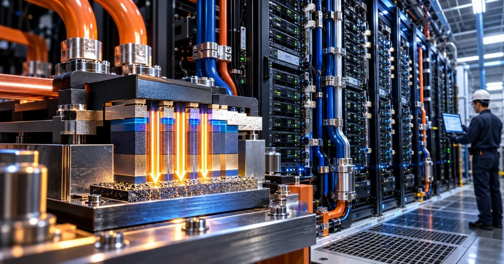 Editorial illustration of GaN power conversion equipment and densely cabled AI data center racks with a field engineer