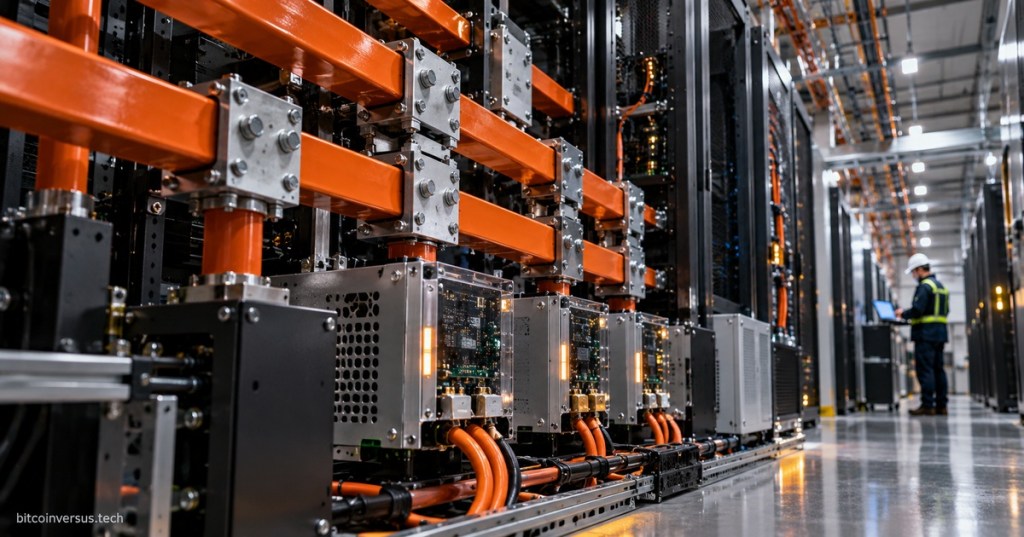 Photorealistic editorial image of high-voltage DC busbars, solid-state power modules, and a technician inside a modern AI data center.