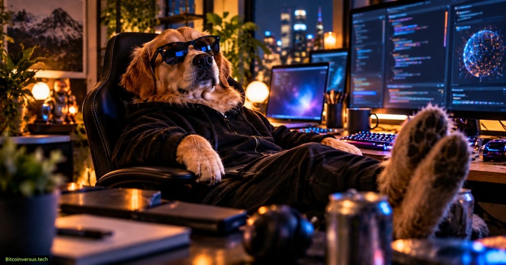 A relaxed golden retriever in sunglasses and a dark hoodie sitting at a coding workstation at night, representing the recurring vibe coding meme.