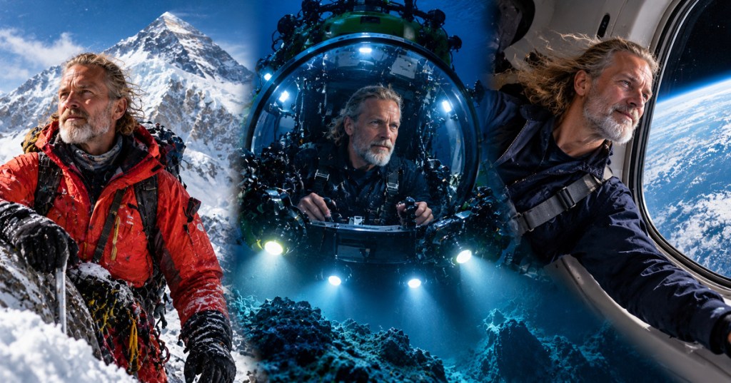 Illustrated Career News portrait of Victor Vescovo climbing Everest, piloting a deep-sea submersible, and viewing Earth from space