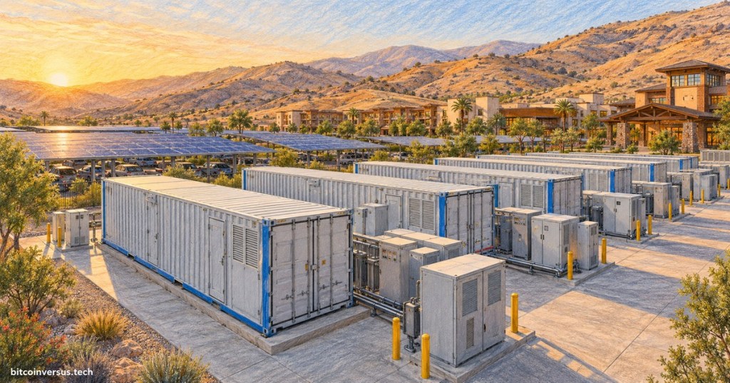 Original color-pencil illustration of containerized flow batteries beside solar parking canopies at a Southern California resort