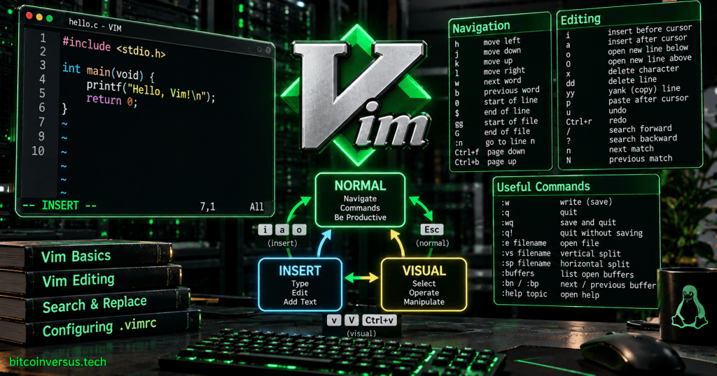 Vim command map showing Normal, Insert, and Visual modes plus common navigation, editing, search, save, quit, buffers, and split commands.