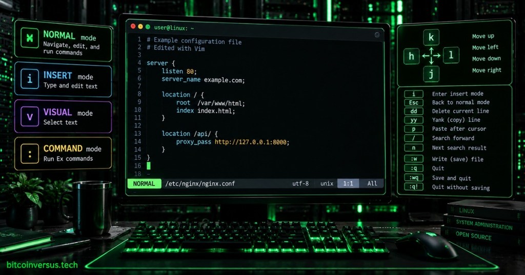 Neon-green and black workstation showing Vim in a terminal with mode, navigation, editing, search, save, and quit command references.