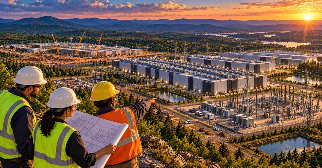 Conceptual oil-like anime editorial scene of three engineers surveying data center construction, substations and transmission lines in a Virginia forested landscape at sunset, not an actual project photograph