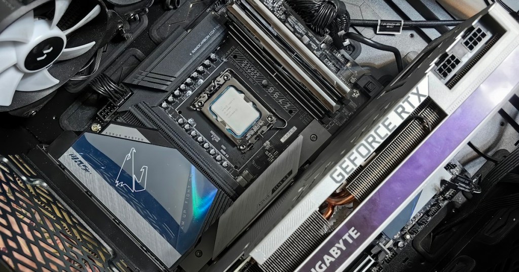 Close-up of modern computer memory and motherboard hardware used to illustrate virtual memory.