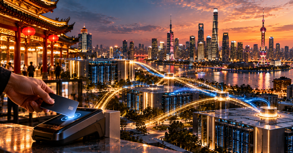 Illustration of a contactless payment card and digital transaction network spanning a modern Chinese city skyline and traditional architecture.