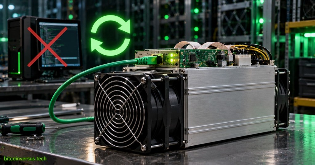 Editorial illustration of an ASIC miner automatically restarting without a separate PC after a firmware reboot