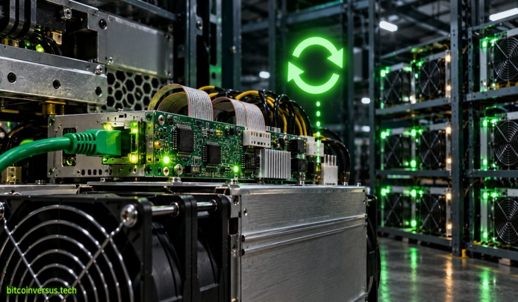 Editorial illustration of an ASIC miner control board automatically recovering after restart inside a Bitcoin mining facility