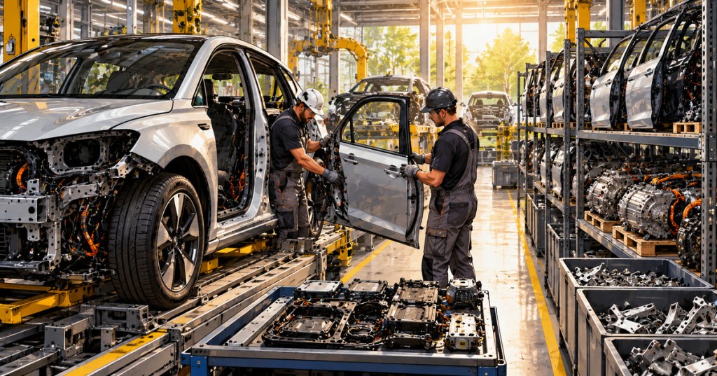Editorial illustration of two industrial workers removing a car door at an automotive dismantling line, with recovered parts arranged on racks