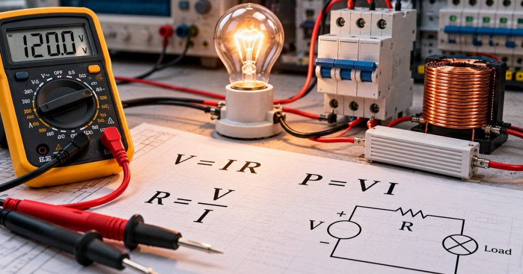 Electrical workbench with a multimeter, lamp, circuit breaker, resistor, coil, circuit diagram, and Ohm's law formulas illustrating voltage, current, resistance, and power.