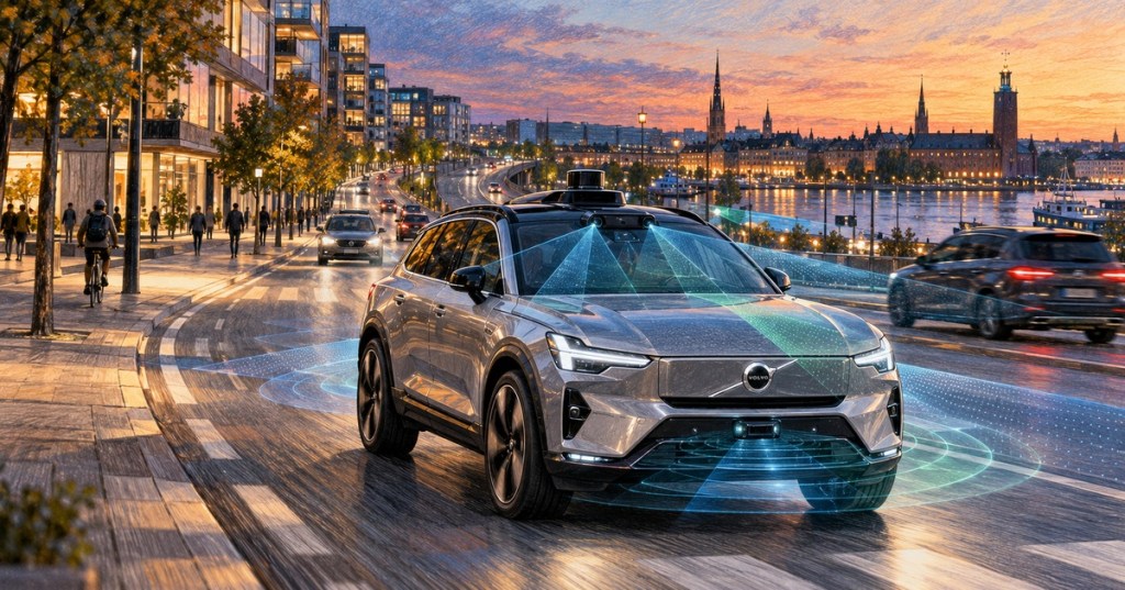 Realistic color-pencil illustration of a sensor-equipped Volvo-style electric SUV using automated-driving perception in a Nordic city.