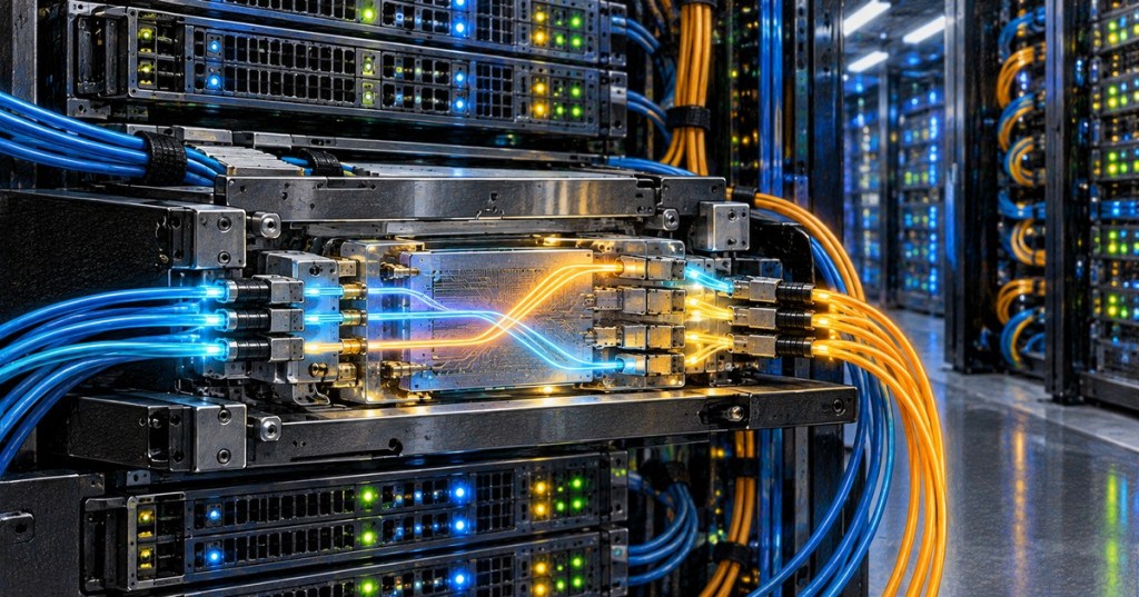 Silicon-photonics optical switch routing blue and gold light paths through fiber connections in an AI data center.