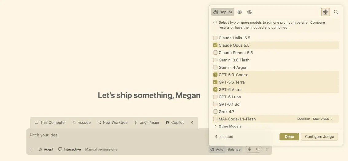 Official VS Code screenshot showing a model comparison picker and judge configuration