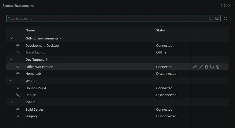 Official screenshot of VS Code remote environments showing WSL distributions, SSH hosts, dev tunnels and GitHub environments