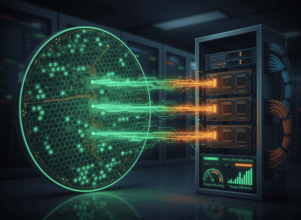 Editorial illustration of a wafer-scale AI processor facing conventional GPU accelerators inside a high-performance data center.