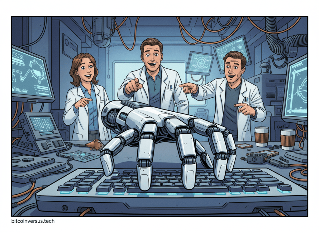 Autonomous five-finger robotic hand crawling across a keyboard on its fingertips in a robotics laboratory.