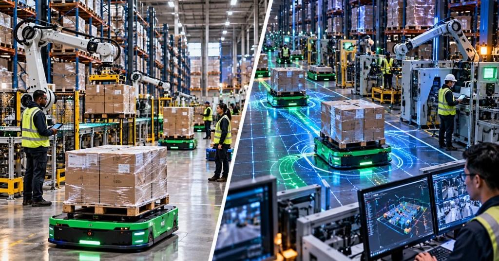 Split-screen editorial illustration of automated warehouse logistics with robotic arms, green autonomous pallet movers and workers monitoring operations