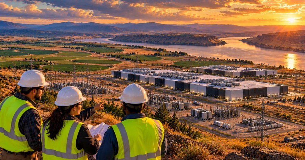 Original conceptual editorial illustration of engineers overlooking a large Washington Columbia Basin data center campus, substations, farmland and river at sunset; not a photograph of a particular facility
