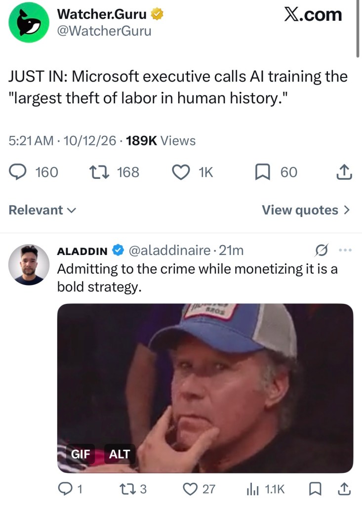 Screenshot of a Watcher.Guru X post dated October 12, 2026 stating that a Microsoft executive called AI training the largest theft of labor in human history