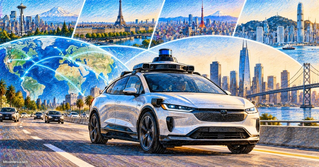 Colored-pencil illustration of a sensor-equipped autonomous electric vehicle driving through a global-city collage representing Waymo's expansion.