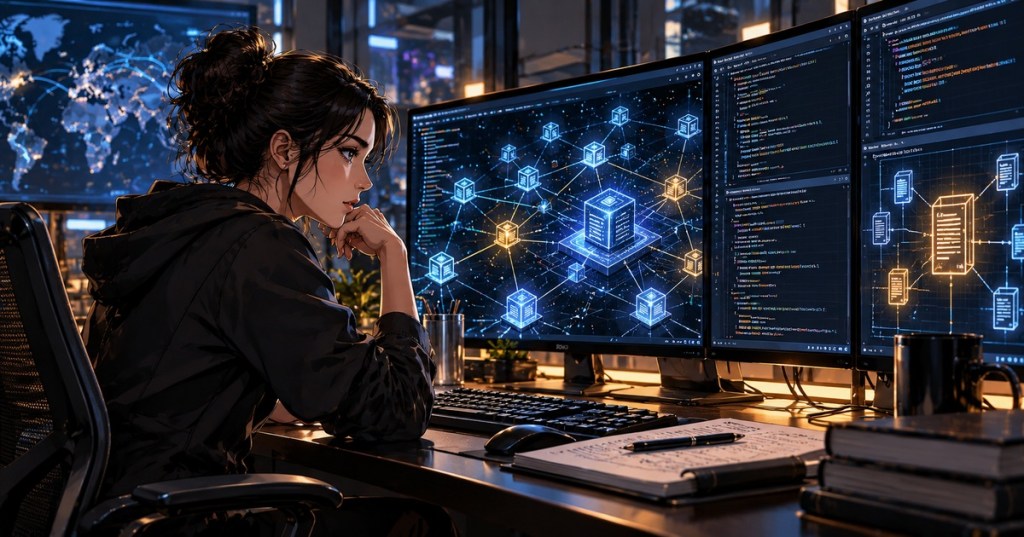 Anime-style editorial illustration of a white-hat researcher examining blockchain code and network security vulnerabilities.