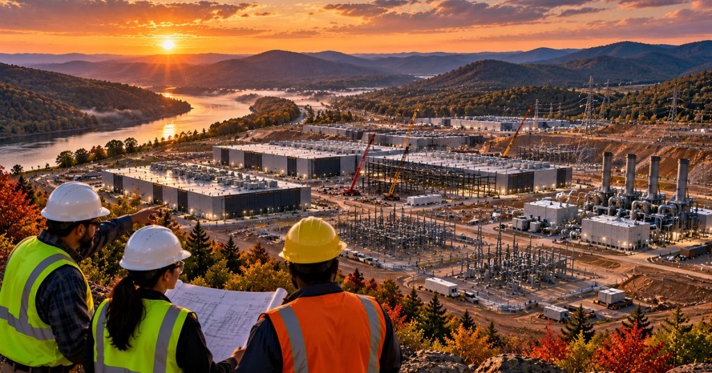Original editorial illustration of engineers viewing a planned Appalachian data center and power campus in a river valley at sunset; conceptual artwork, not a photograph of a real facility