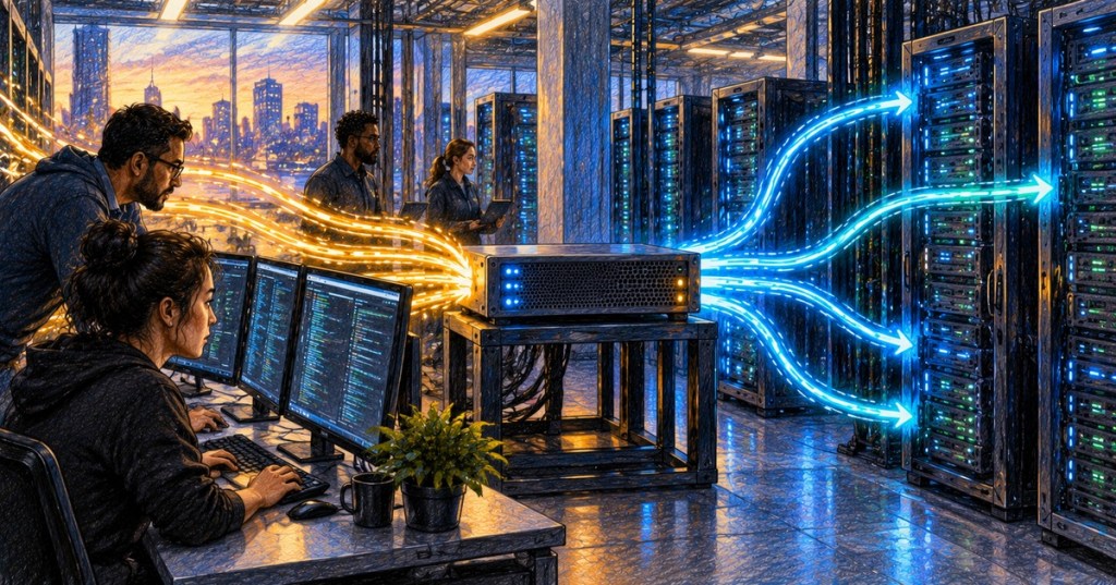 Colored-pencil illustration of data center traffic entering a central load balancer and being distributed across multiple backend server racks while diverse engineers monitor the network.
