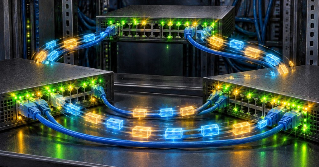 Three Ethernet switches connected in a loop with duplicated traffic circulating between them.