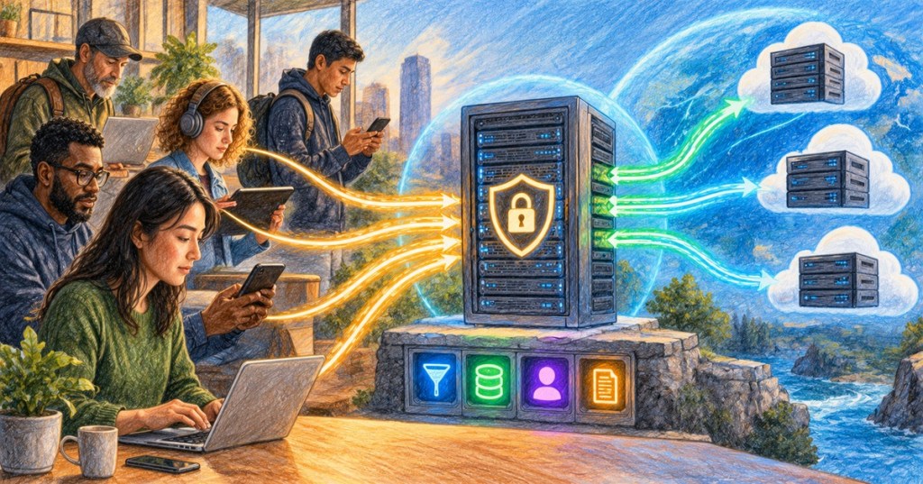Colored-pencil illustration of diverse people sending web traffic through a central secure proxy server before reaching cloud servers and websites.