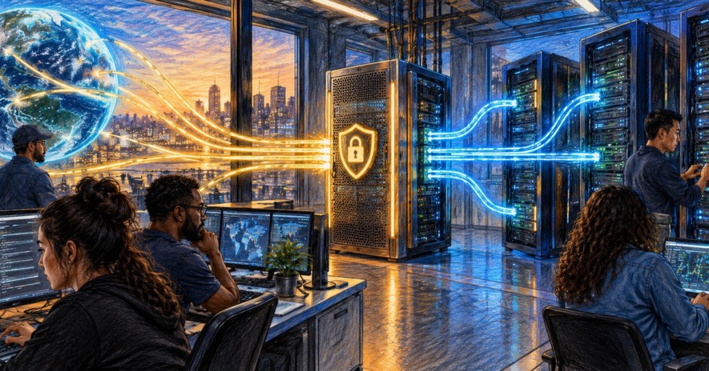 Colored-pencil illustration of internet traffic passing through a central secure gateway rack before being distributed to multiple backend servers in a diverse network operations center.