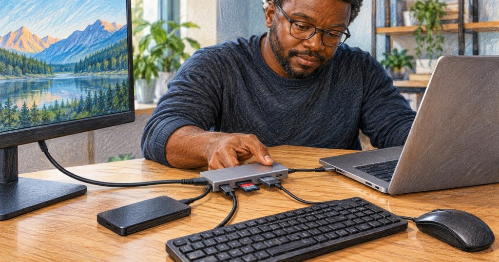 Colored-pencil illustration of a technician connecting a multiport USB-C hub to a laptop and peripherals