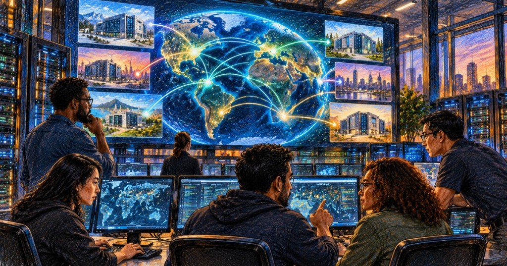 Colored-pencil illustration of a diverse network operations team monitoring a globally distributed network across multiple data centers on a large world display.