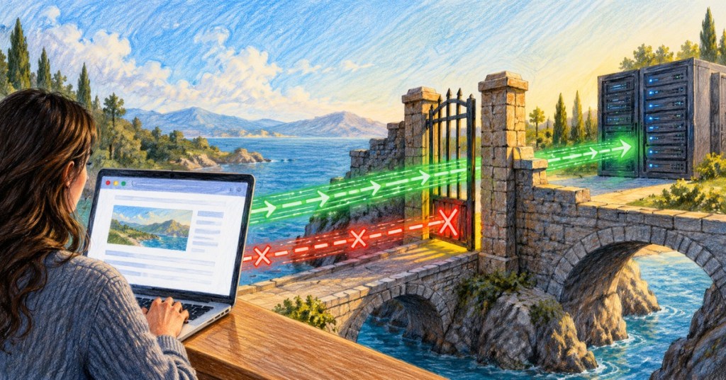 Colored-pencil illustration of a browser sending an approved cross-origin data request through a security gate to server racks while another request is blocked.