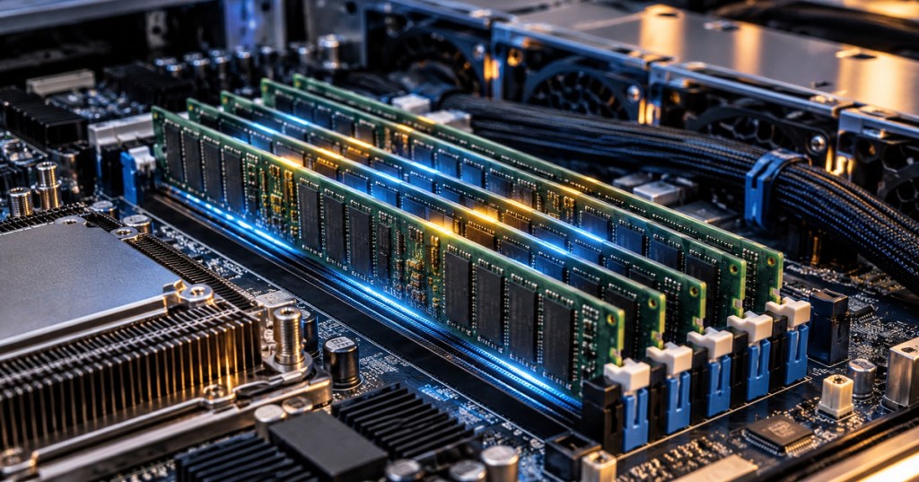 Close-up of server memory modules installed on a motherboard inside a data-center server.