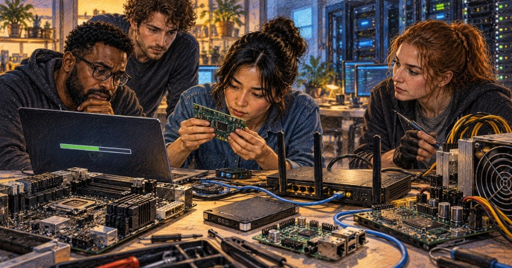 A diverse team of technicians works with motherboards, routers, storage devices, and embedded electronics while a firmware update runs on a laptop.