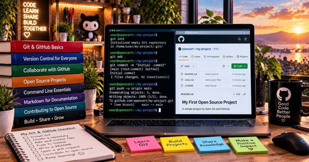 Illustrated coding workspace showing Git commands and a GitHub repository