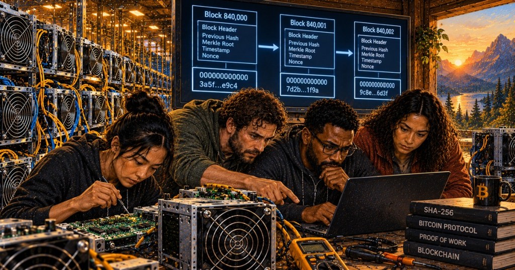 Bitcoin mining engineers work among ASIC rigs while a blockchain display illustrates the connection between hashing, proof of work, and block production.