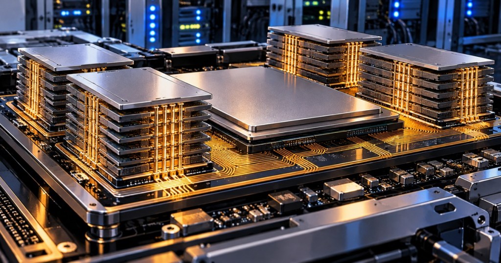 Anime-style technical illustration of stacked high-bandwidth memory beside an AI accelerator in a data-center server.