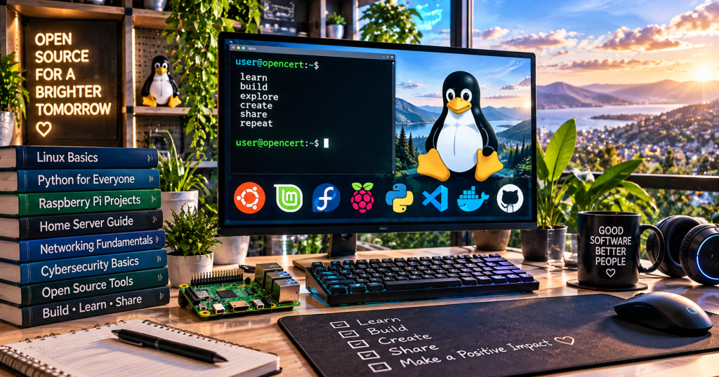 Colorful open source programming desk with Linux terminal Raspberry Pi and developer books